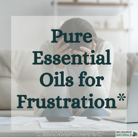 Pure Essential Oils for Frustration with woman holding head graphic from BioSource Naturals blog