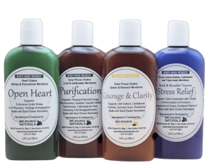 Set of four Body-Mind Remedy Lotions. Open Heart, Purification, Courage and Clarity, Stress Relief lotions. Each formulated to support energy balance of chakras and meridians. Helpful to support emotions related to each body-mapped chakra and meridian noted on bottle labels. Made with Bach Flower Remedies, pure essential oils, artisan gem elixirs. Color charged.
