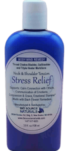 Stress Relief Body-Mind Remedy Lotion for throat chakra and bladder, gallbladder, and triple heater meridians. Helpful to support emotions of calm connection with others, communication of emotions, compassion and grace, emotional stamina. Made with Bach Flower Remedies, pure essential oils, artisan gem elixirs. Color charged.